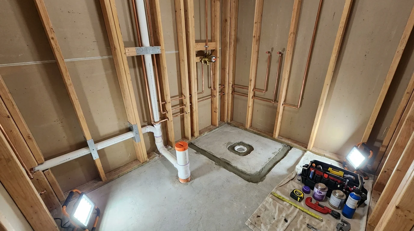 Bathroom rough-in plumbing during remodel by Johns Plumbing LLC in Florissant