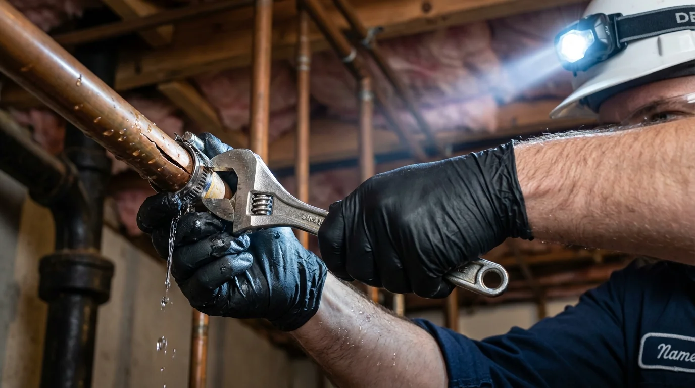 Emergency pipe clamp repair being performed by a Johns Plumbing LLC plumber in Florissant