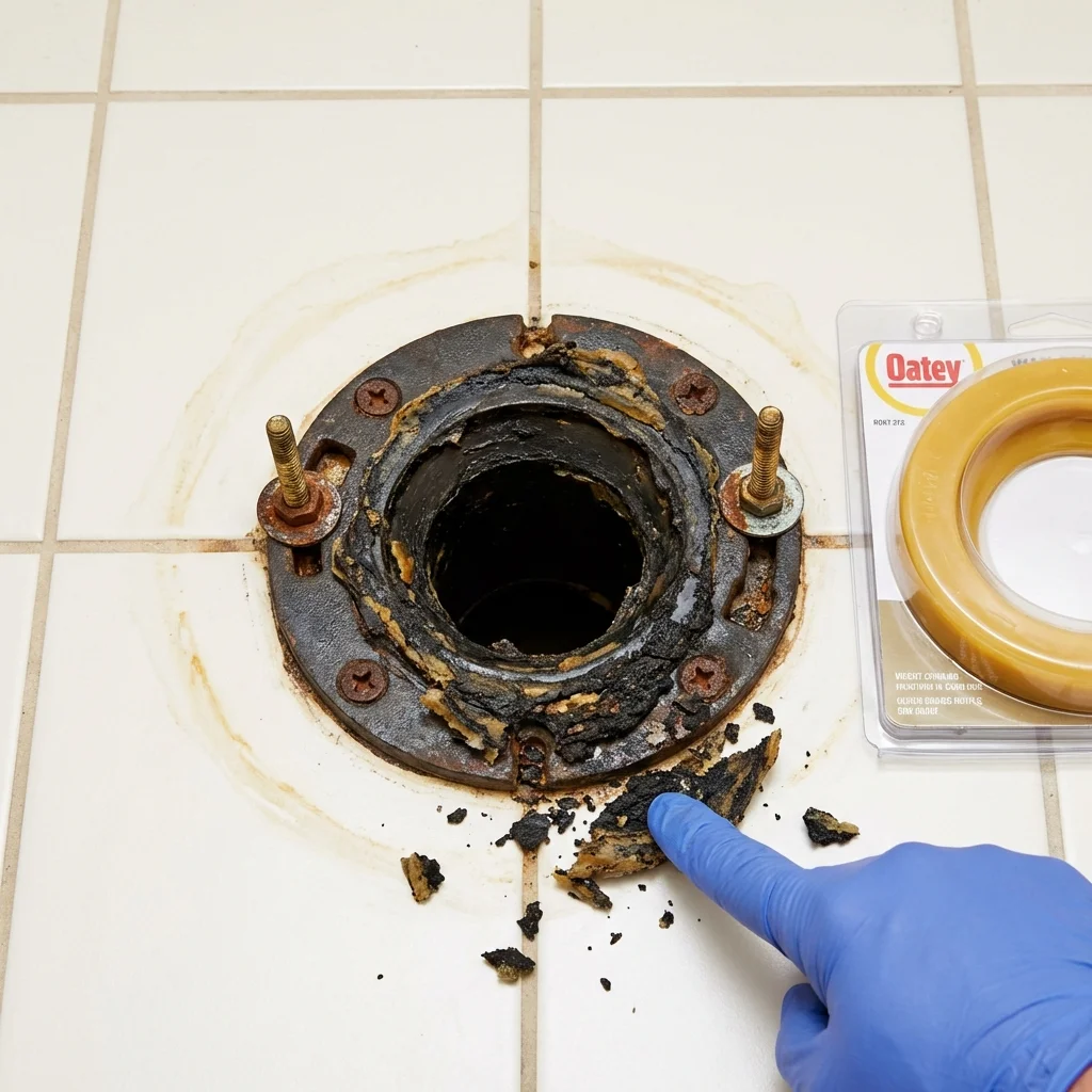 Failed wax ring showing water seepage at the base of a toilet in a Florissant, MO home
