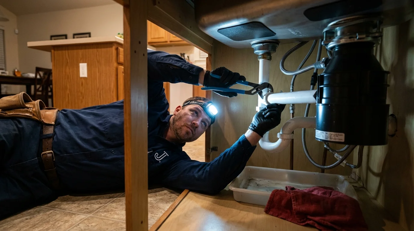P-trap and supply line connections under a kitchen sink showing a common leak point in Florissant, MO